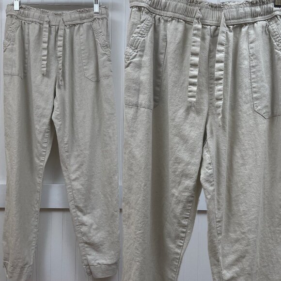 Rewash Women's Beige Linen Blend Pull-On Drawstring Waist Pants Jogger Pockets - Picture 1 of 9